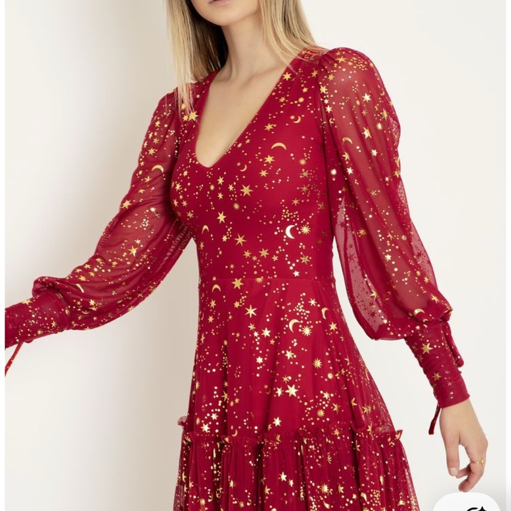 Blackmilk Red Long Sleeve Star & Moon Print Dress with Gold Foil